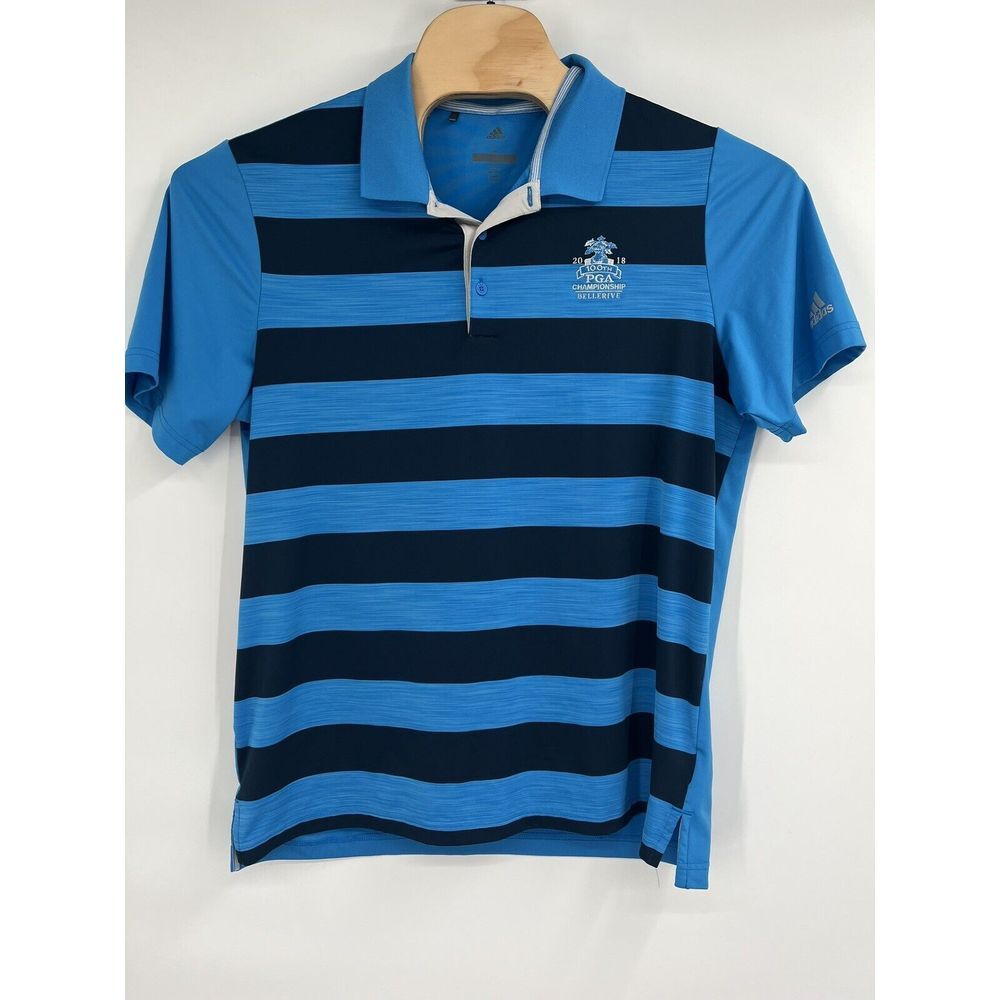 Adidas Mens Blue Striped 100th PGA Championship Bellerive Golf Polo Shirt Sz L‎